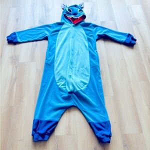 Adult small, Stitch bodysuit, button up, hooded, tail, fleece, cuffed, blue